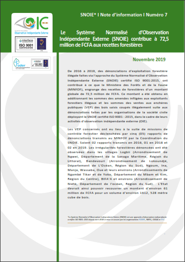 Lire la suite à propos de l’article SNOIE* I Note d’information I Numéro 7: Le Système Normalisé d’Observation Indépendante Externe (SNOIE) contribue à 72,5 million de FCFA aux recettes forestières