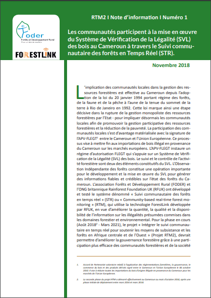 Lire la suite à propos de l’article Note d’information N°1: Les communautés participent à la mise en œuvre du Système de Vérification de la Légalité (SVL) des bois au Cameroun à travers le Suivi communautaire des forêts en Temps Réel (STR)