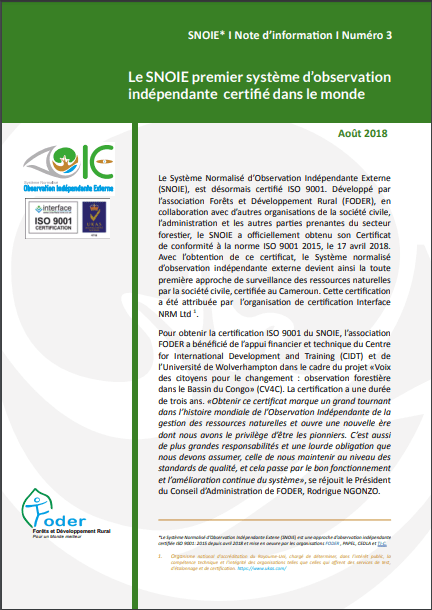 Lire la suite à propos de l’article Note d’information N°3: Le SNOIE, premier système d’observation indépendante certifié dans le monde