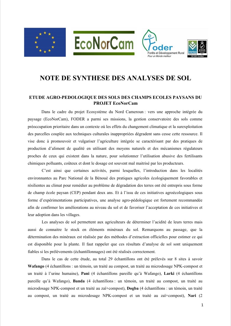 Lire la suite à propos de l’article NOTE DE SYNTHESE DES ANALYSES DE SOL